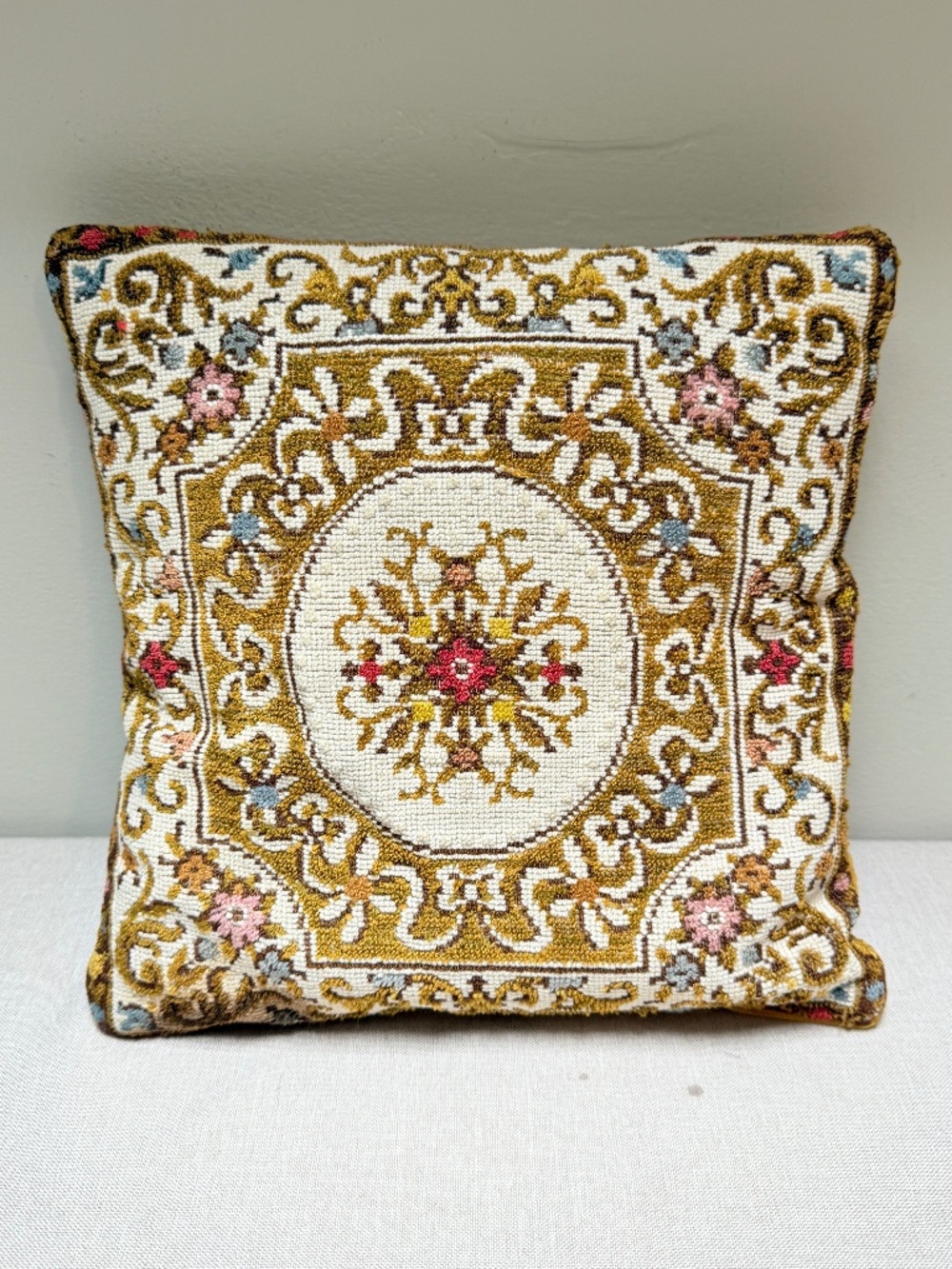 Vintage Needlepoint Floral Throw Pillow With Gold Velvet Back